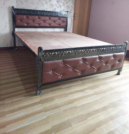 Bowzar Queen Size 5X6.5 Feet Metal Bed With Designed Cushion Brown