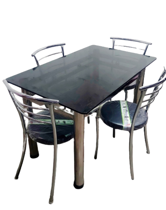 Bowzar Stainless Steel Dining Set 4 Seater With Black Glass