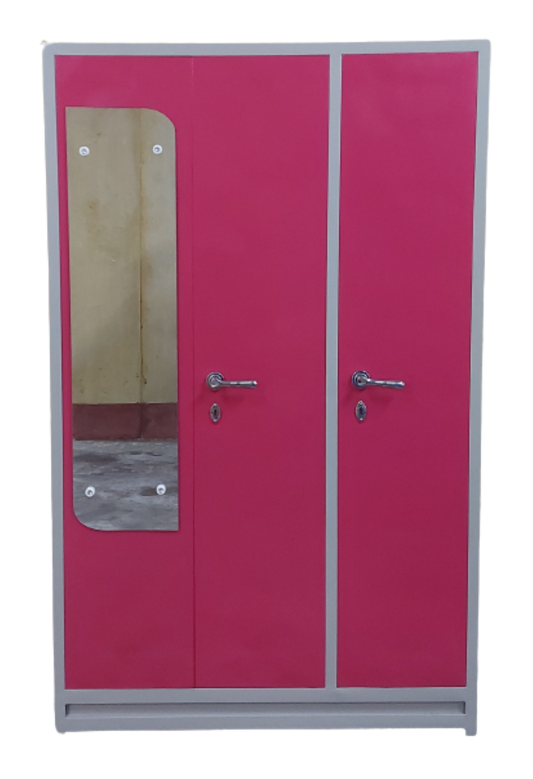 Bowzar 26 Gauge 3 Door Steel Almirah Wardrobe Light Weight with Mirror Pink