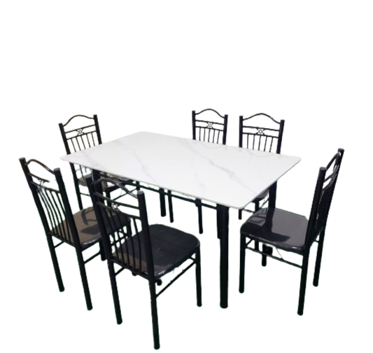 Bowzar 6 Seater Metal Dining Set with Ceramic Marble Top White