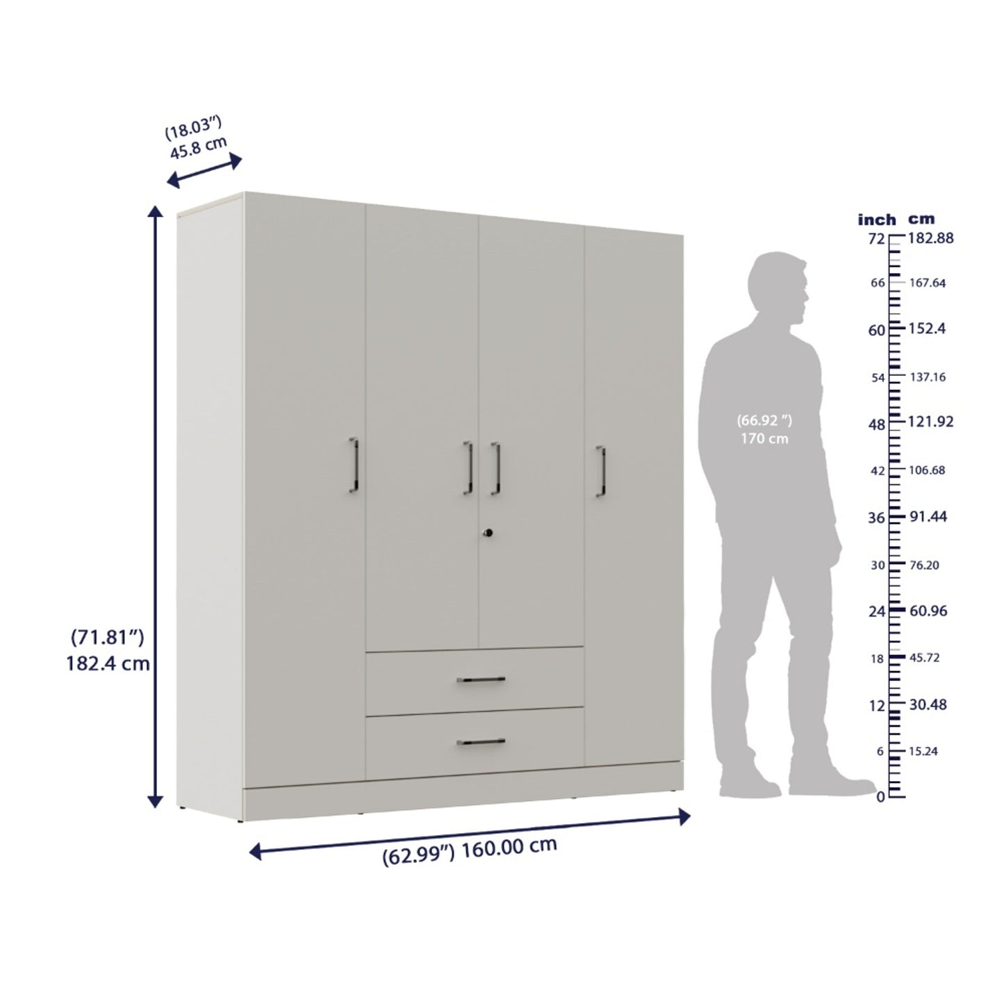4 Door Wardrobe with Drawer and 1 Hanging Space 72X63X18 Inch