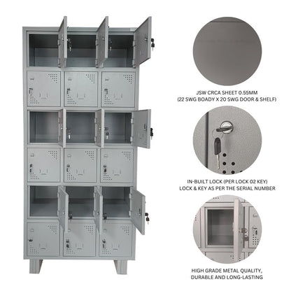 Bowzar 15 Door Steel Locker Cupboard for Office, Gym, School, Staff & Warehouse | Mild Steel CRCA Storage Locker Cabinet with Cam Lock, Powder Coat – H78 x W36 x D19 Inch