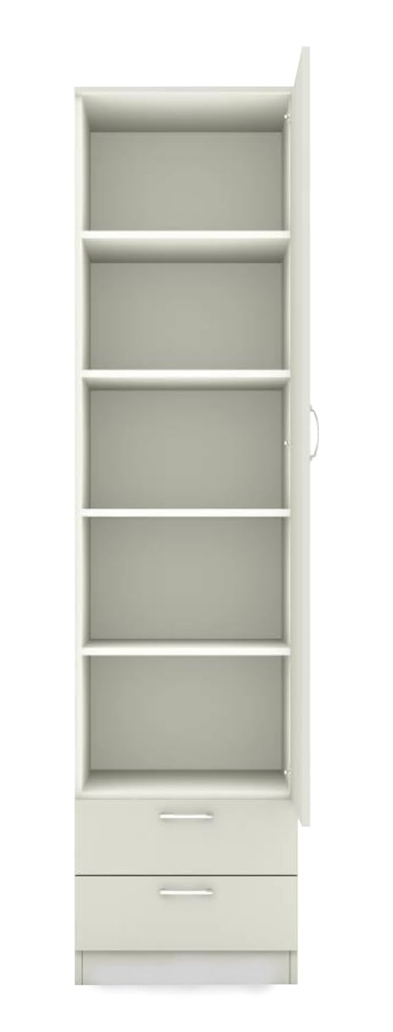Engineered Wood Single Door Almirah Wardrobe (White) Clothes Storage Organizer with 5 Shelves & 2 Drawers