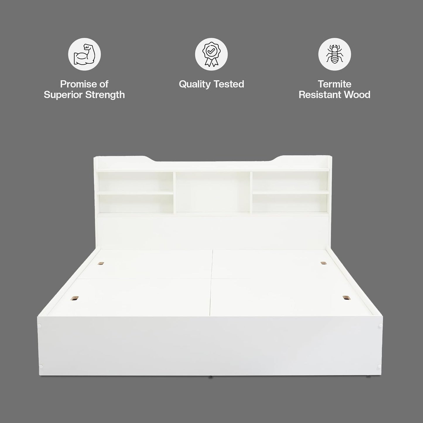 Bowzar King Size Box Bed with Headboard & Box Storage White Engineered Wood
