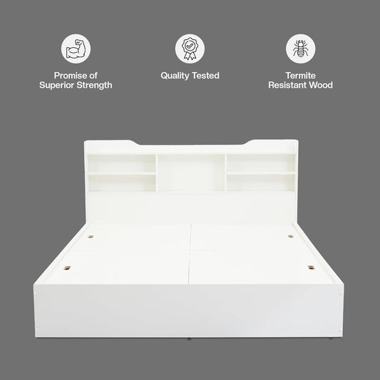 Bowzar King Size Box Bed with Headboard & Box Storage White Engineered Wood