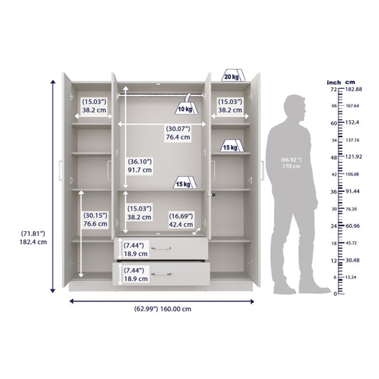 4 Door Wardrobe with Drawer and 1 Hanging Space 72X63X18 Inch