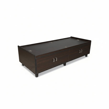 Dark wood TV stand with two doors on a white background