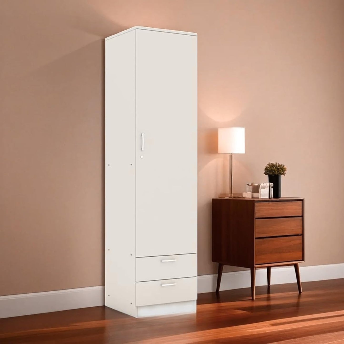 Engineered Wood Single Door Almirah Wardrobe (White) Clothes Storage Organizer with 5 Shelves & 2 Drawers