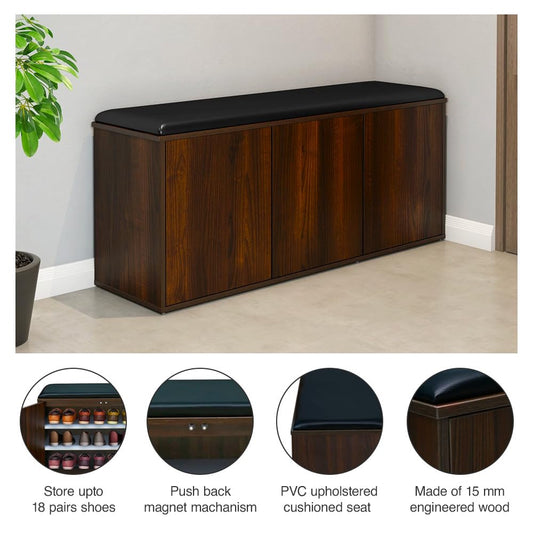 3 Door Engineered Wood Shoe Rack with Cushioned Seat and 3 Shelves  Store up to 18 to 21 Shoes