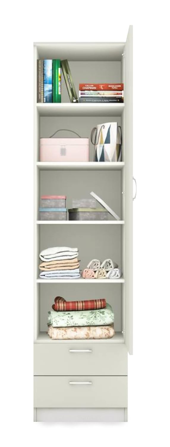 Engineered Wood Single Door Almirah Wardrobe (White) Clothes Storage Organizer with 5 Shelves & 2 Drawers