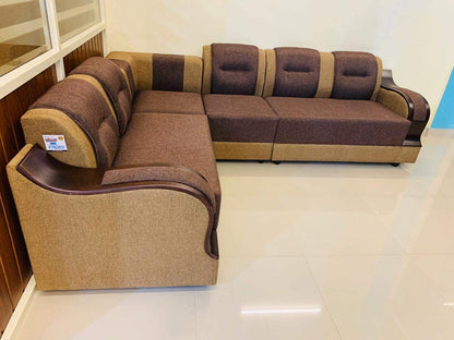 Bowzar Masiyan L Shape Sofa Jute Cloth 2+2+1+1 Elephant Sectional Sofa Set for Living Room (Brown&Gold) 6 Seater