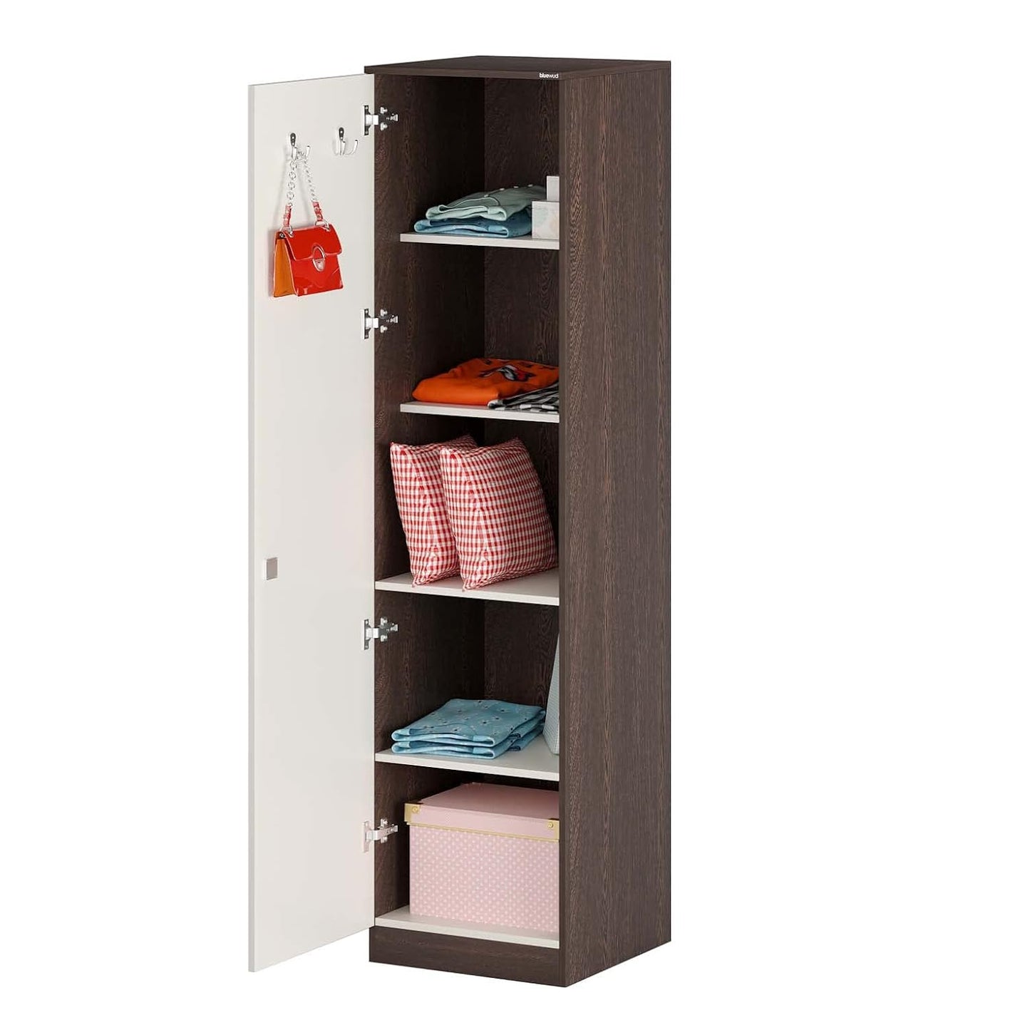 Engineered Wood Single Door Almirah Wardrobe/Clothes Storage Rack Organizer Almirah Cupboard with Shelves for Bedroom Home Furniture (Wenge & White)