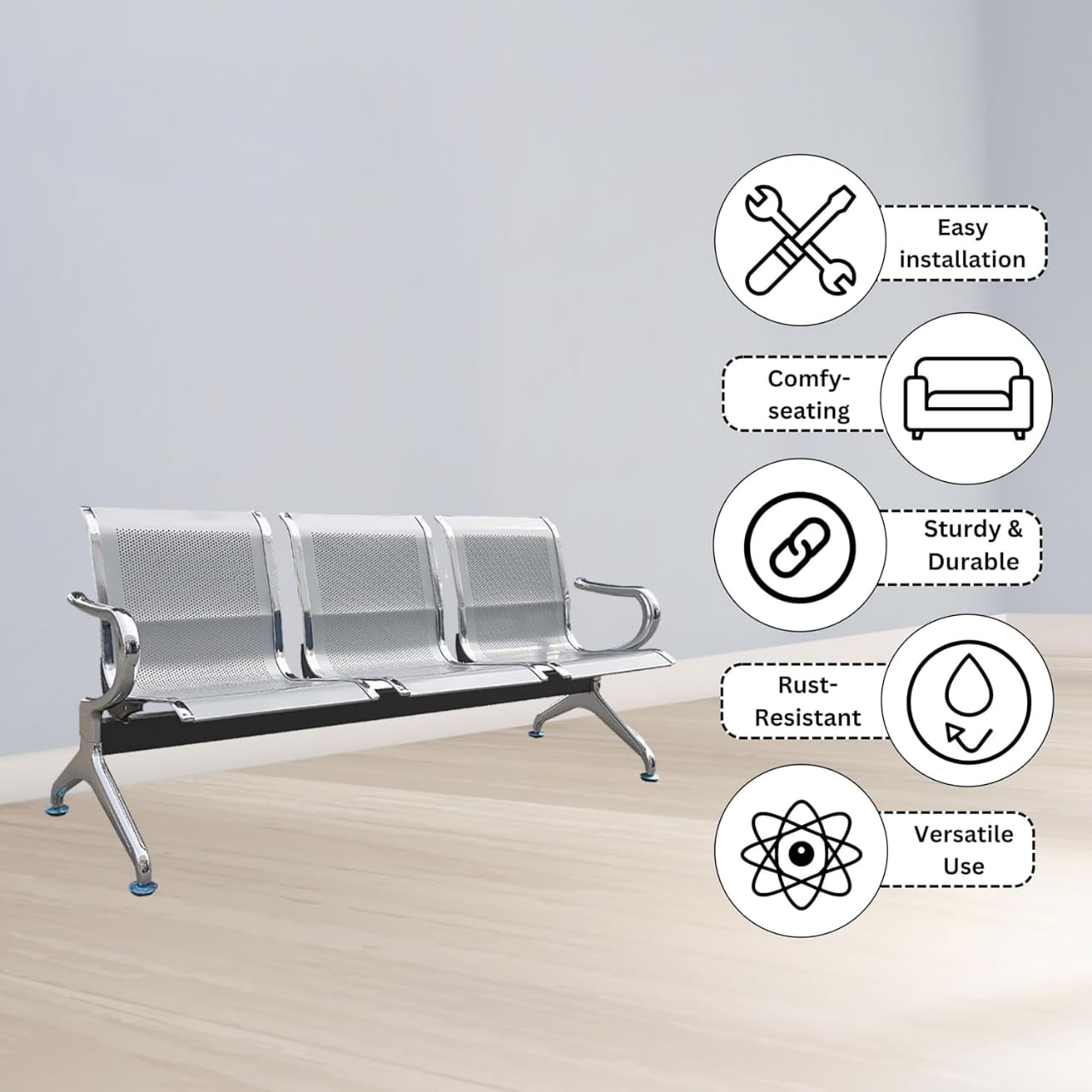 Three Seater Waiting Area Chair Visitor Chair for Airport Hospital Clinic Reception School University College Garden Public Places(Mild Steel Iron Silver)