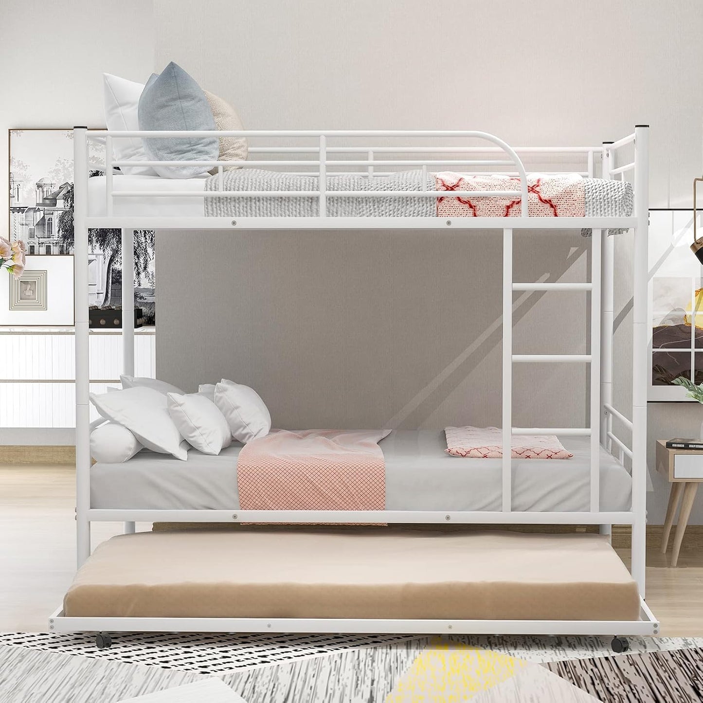 Metal Bunk Bed with Trundle, Twin Over Twin Bunk Beds Frame with Ladders Heavy Duty bunkbed for Junior/Adults, Safety Full-Length
