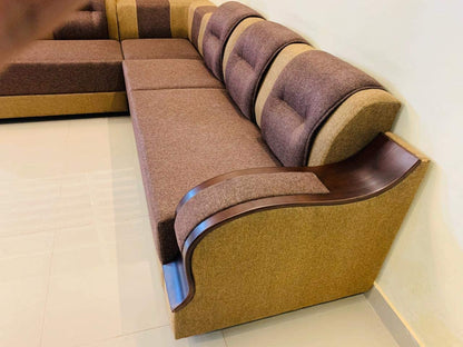 Bowzar Masiyan L Shape Sofa Jute Cloth 2+2+1+1 Elephant Sectional Sofa Set for Living Room (Brown&Gold) 6 Seater