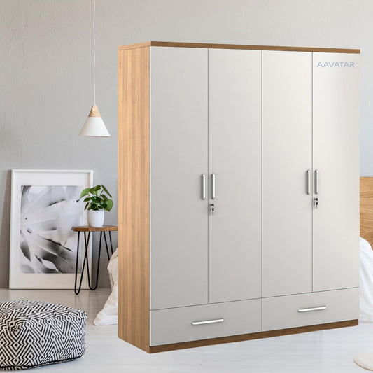 04 Door Engineered Wood Wardrobe Cupboard – Multi-Shelf Storage Cabinet for Bedroom & Living Room – Durable & Stylish Wardrobe Organizer Without Mirror (Colour - White & Wood, Size 78 X 72 X 19 Inch)
