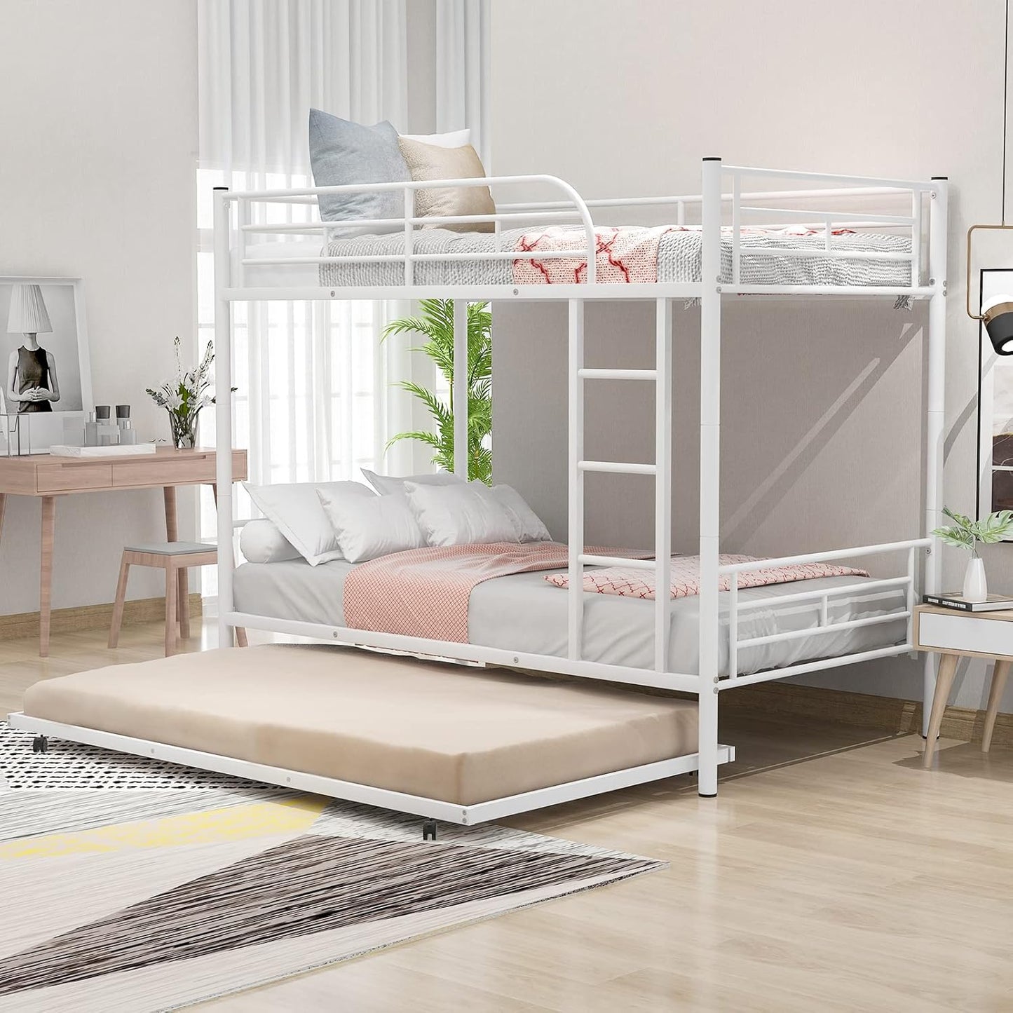 Metal Bunk Bed with Trundle, Twin Over Twin Bunk Beds Frame with Ladders Heavy Duty bunkbed for Junior/Adults, Safety Full-Length