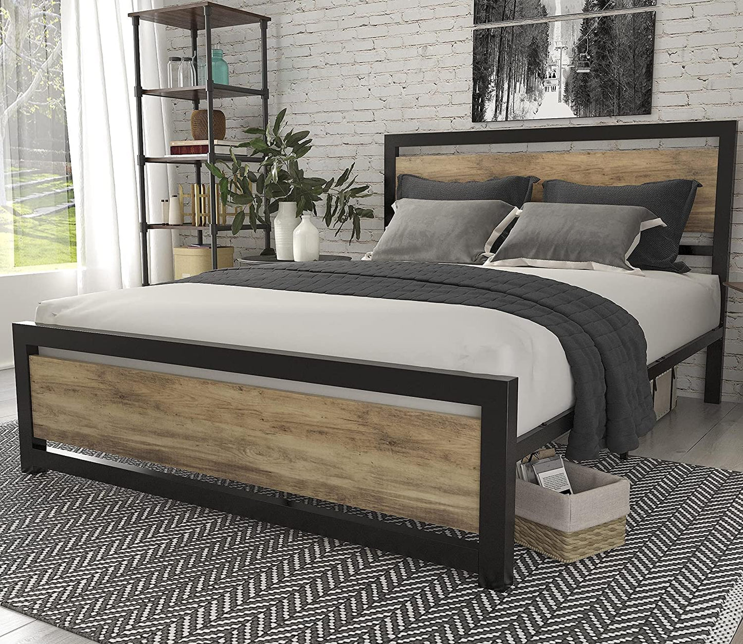 Bowzar Queen Size 5X6.5 Feet Bed Frame with Modern Wooden Headboard Heavy Duty Platform Metal Bed