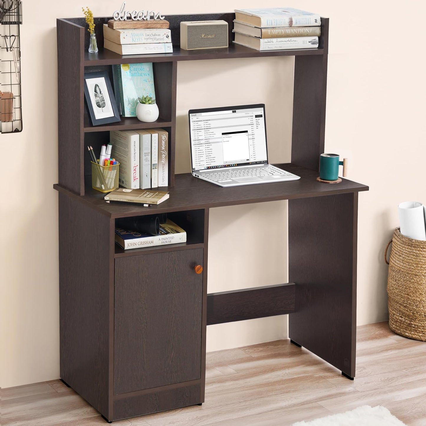 Wooden Study Table with Hutch & Bottom Storage - Office Desk - Office Table for Laptop, PC-Engineering Wood Working, Drawing, Computer Table for Home