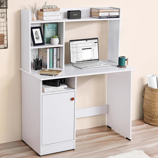 Wooden Study Table with Hutch & Bottom Storage - Office Desk - Office Table for Laptop, PC-Engineering Wood Working, Drawing, Computer Table for Home White