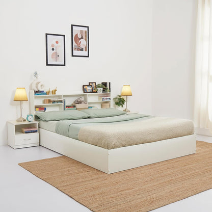 Bowzar Queen Size Box Bed with Headboard & Box Storage White Engineered Wood