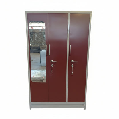 Bowzar 26 Gauge 3 Door Steel Almirah Wardrobe Light Weight with Mirror Maroon - Bowzar - 