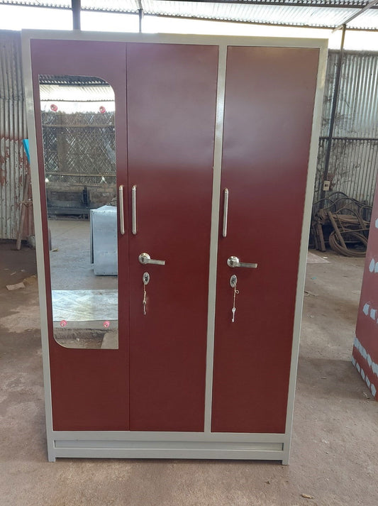 Bowzar 26 Gauge 3 Door Steel Almirah Wardrobe Light Weight with Mirror Maroon - Bowzar - 
