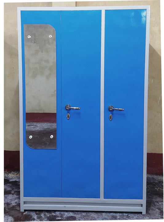 Bowzar 26 Gauge 3 Door Steel Almirah Wardrobe Light Weight with Mirror Sky Blue - Bowzar - 