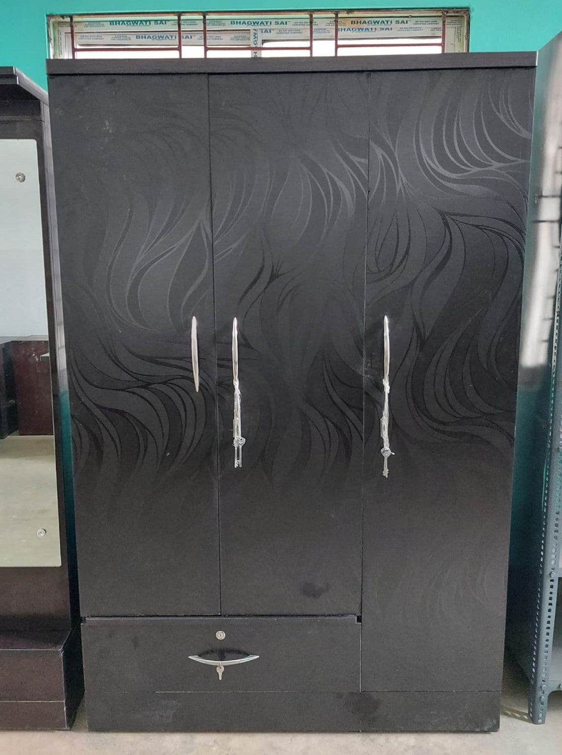 Bowzar 3 Door Wooden Almirah Wardrobe Black Nagin With Drawer - Bowzar - 