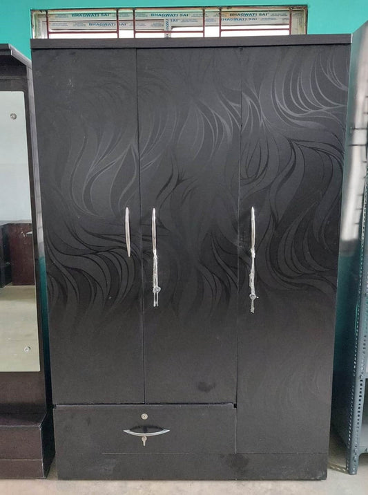 Bowzar 3 Door Wooden Almirah Wardrobe Black Nagin With Drawer - Bowzar - 