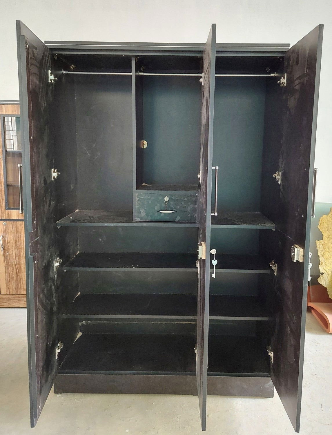 Bowzar 3 Door Wooden Almirah Wardrobe Black Nagin With Drawer - Bowzar - 