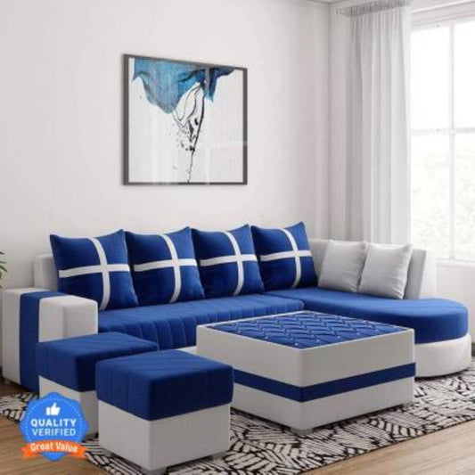 Bowzar 8 Seater Sofa Set, 2 Ottoman, 6 pillow With Coffee Table Fabric 8 Seater Sofa  (Finish Color - Blue & White - Bowzar - 