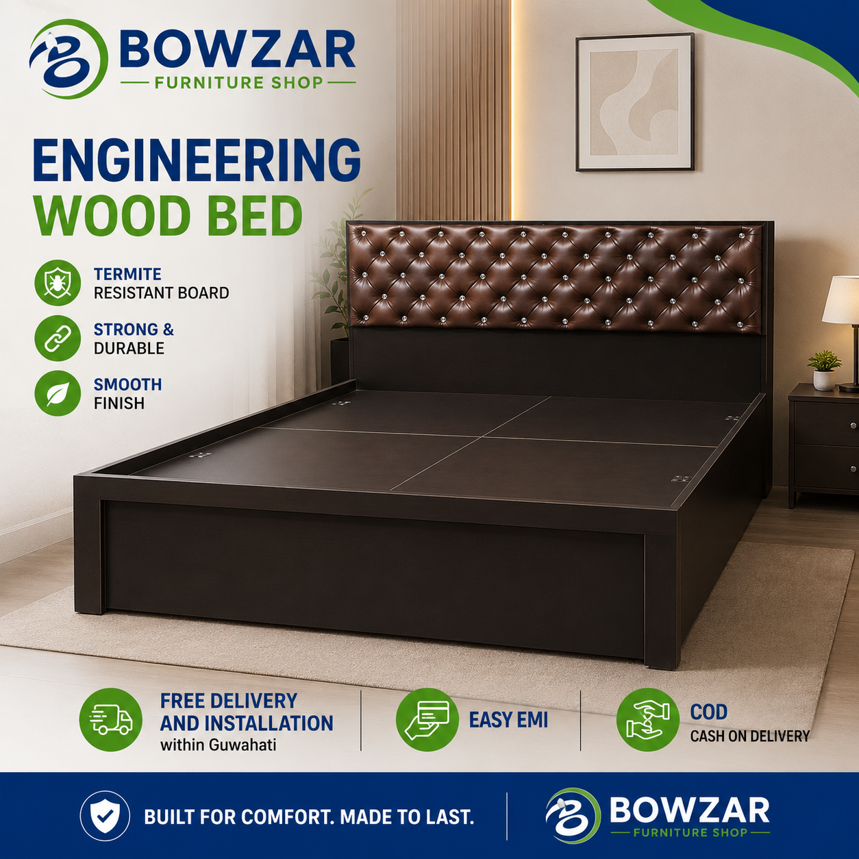 Bowzar King Box Bed 6x6.5 Feet Engineering Wood Bed With Storage Wenge