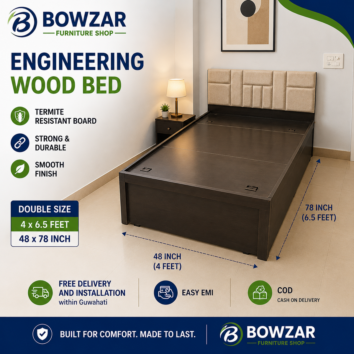Bowzar Double Box Bed 4x6.5 Feet 48X78 Inch Upholstered Design Cushion