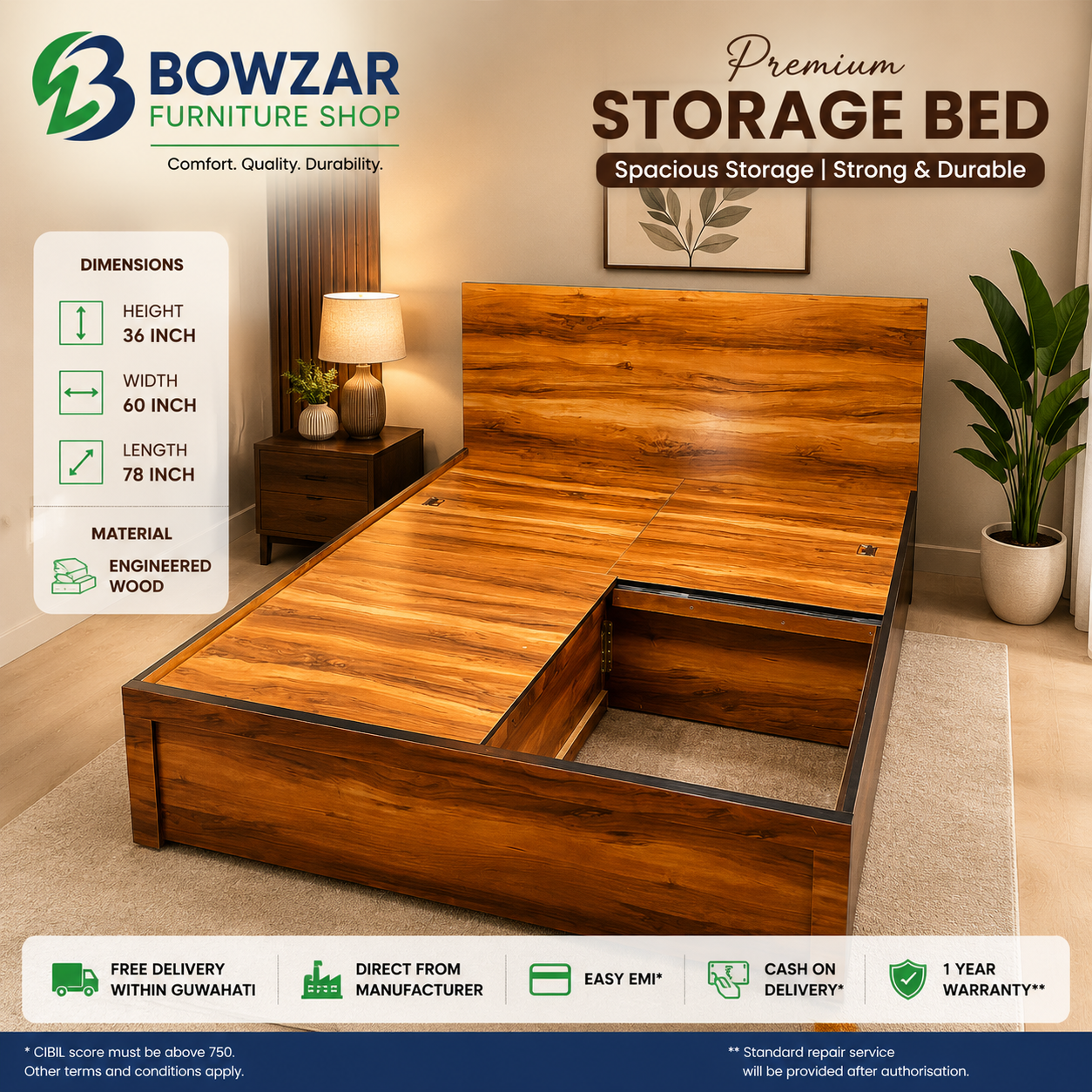 Bowzar Queen Without Box Bed 5X6.5 Feet Free Delivery Within Guwahati