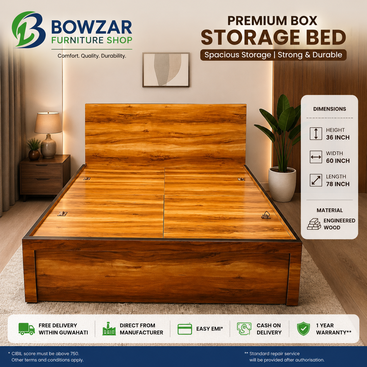 Bowzar Queen Without Box Bed 5X6.5 Feet Free Delivery Within Guwahati