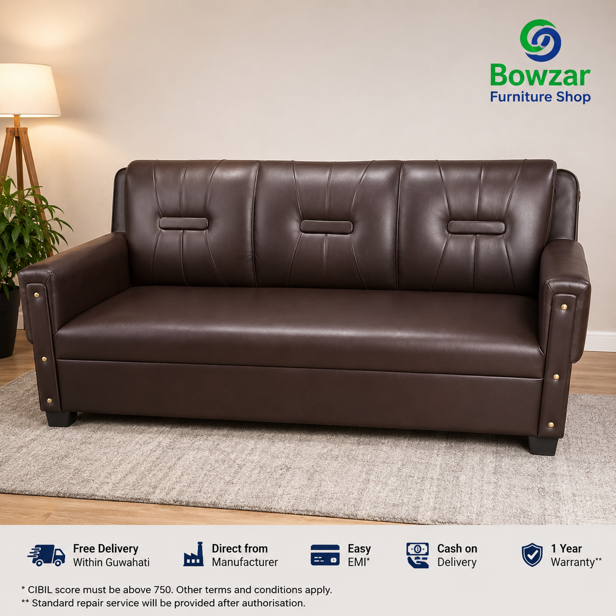 Bowzar 3 Seater Sofa Good Leatherette Black Coffee Brown Red Blue