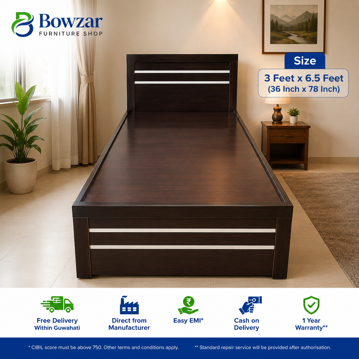 Bowzar Engineering Wood Single Box Bed Diwan Bed 3X6.5 Feet