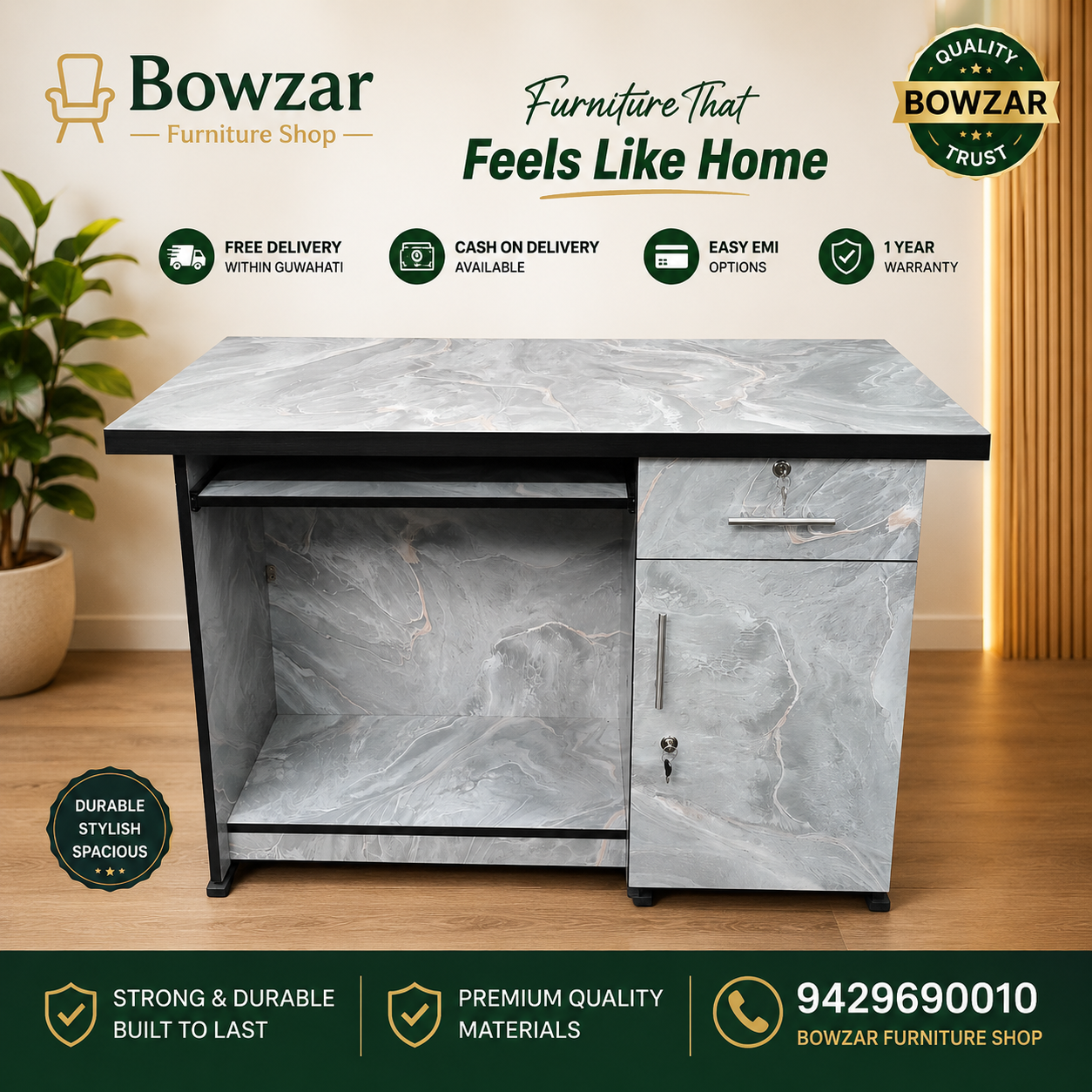 Bowzar 4x2 Feet Office Table Computer Table Study Table With Keyboard Tray Grey Marble