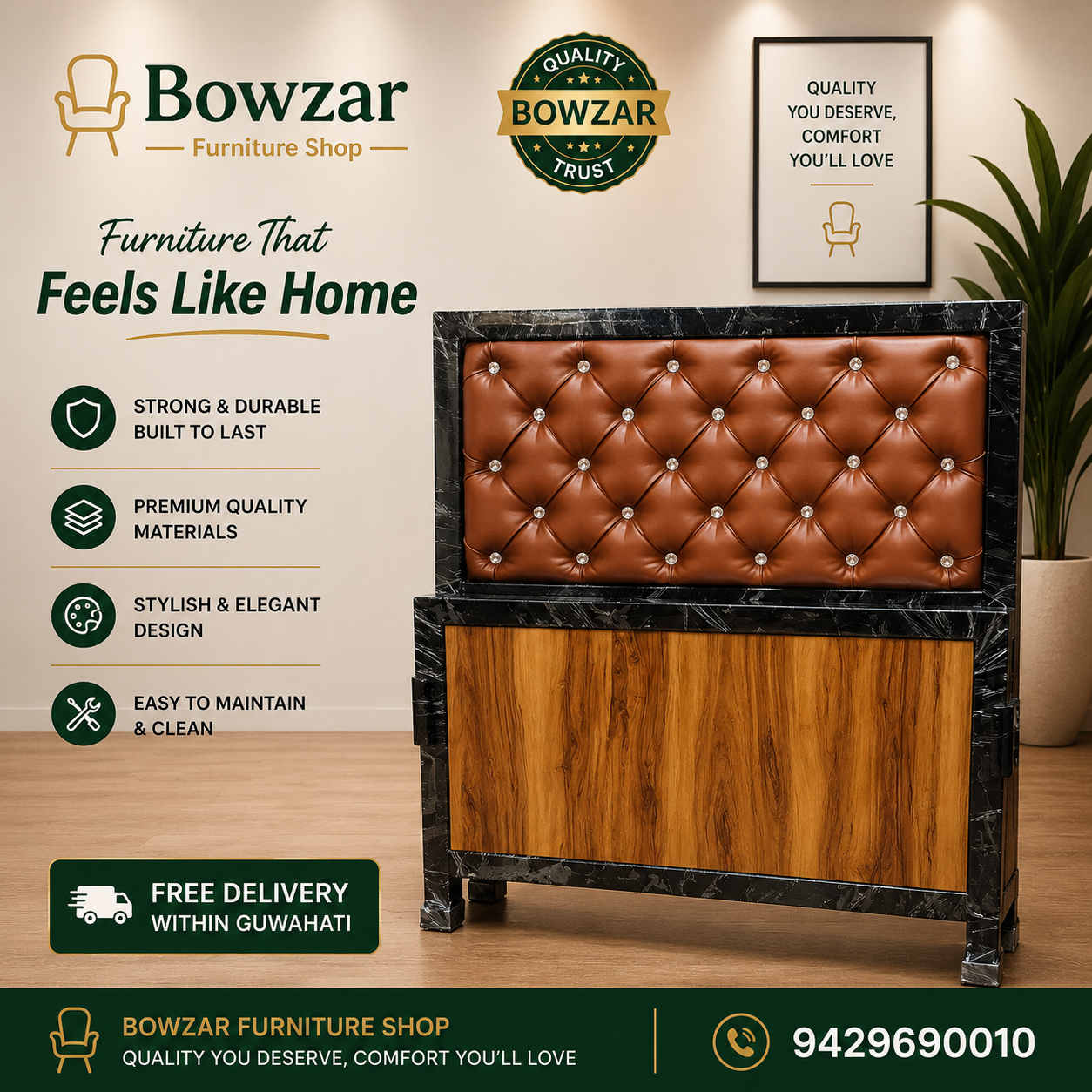 Bowzar Single Bed 3x6.5 Feet Heavy Quality Premium Look