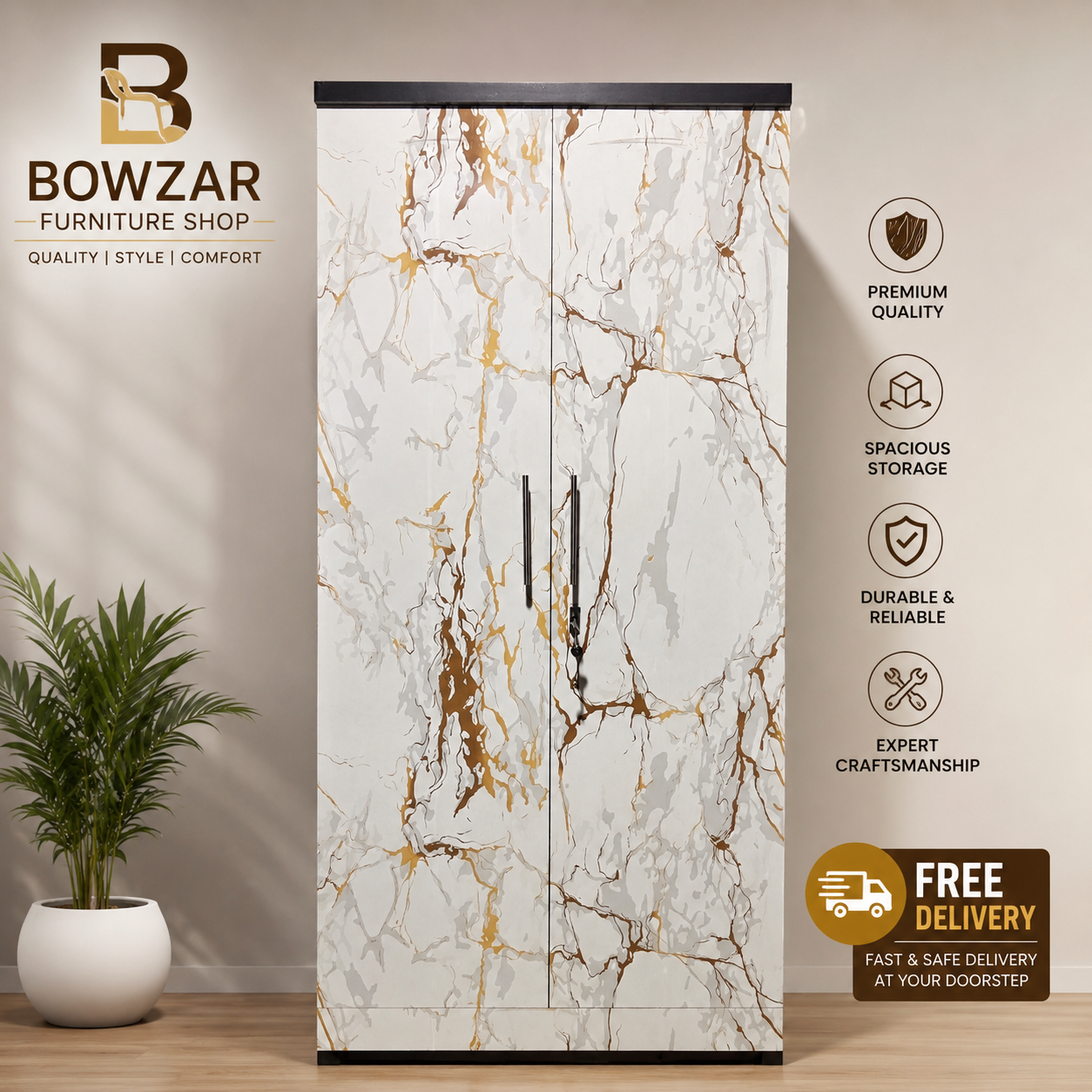 Bowzar 6 Feet Height 2 Door Wardrobe White Marble