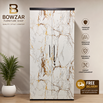 Bowzar 6 Feet Height 2 Door Wardrobe White Marble