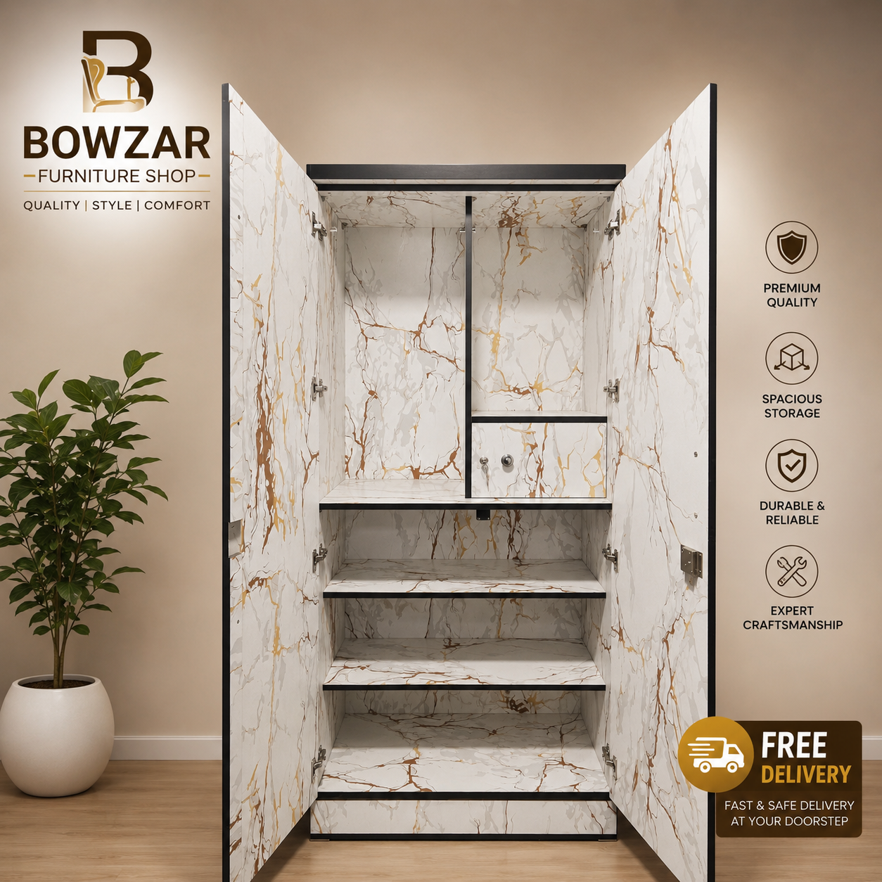 Bowzar 6 Feet Height 2 Door Wardrobe White Marble