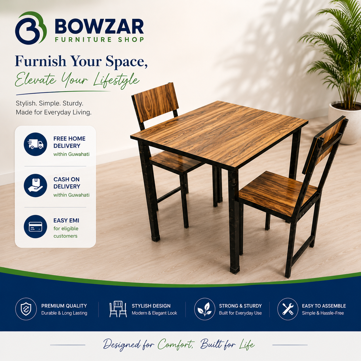 Bowzar 2 Seater Dining Set 30X30 Inch Table