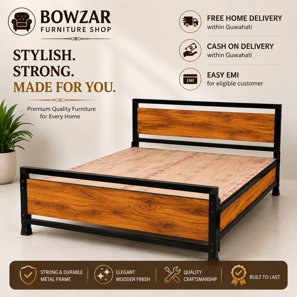 Bowzar Queen Bed Size Bed Wooden Color with Sides Covered