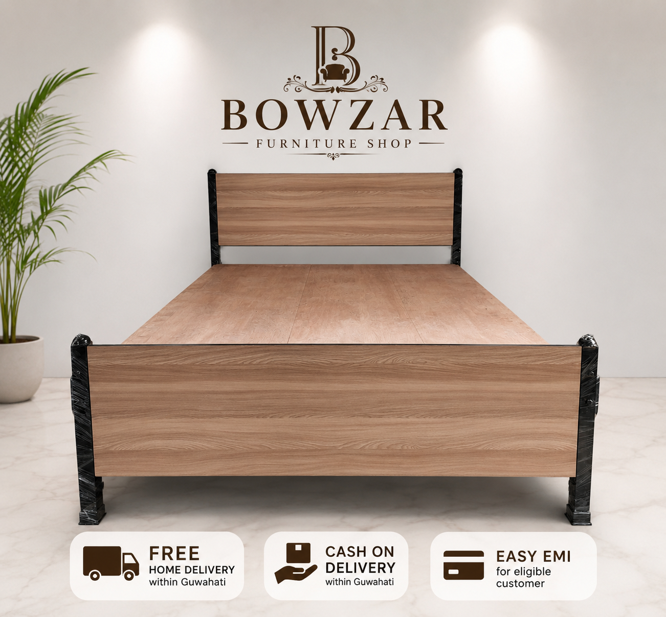 Bowzar Queen Bed Size 5X6.5 Feet Metal Bed With Wooden Look