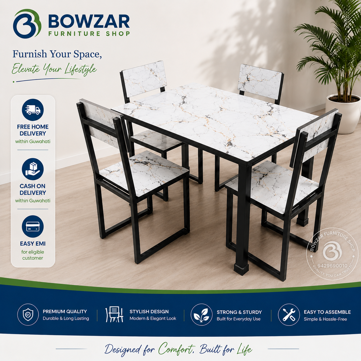 Bowzar 4 Seater Dining Set White Marble