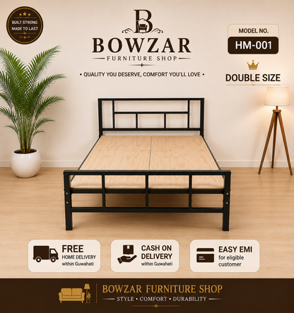 Bowzar HM-001 Double Bed Size 4X6.5 Feet Iron Metal Bed Bachelor Hostel PG Guest House