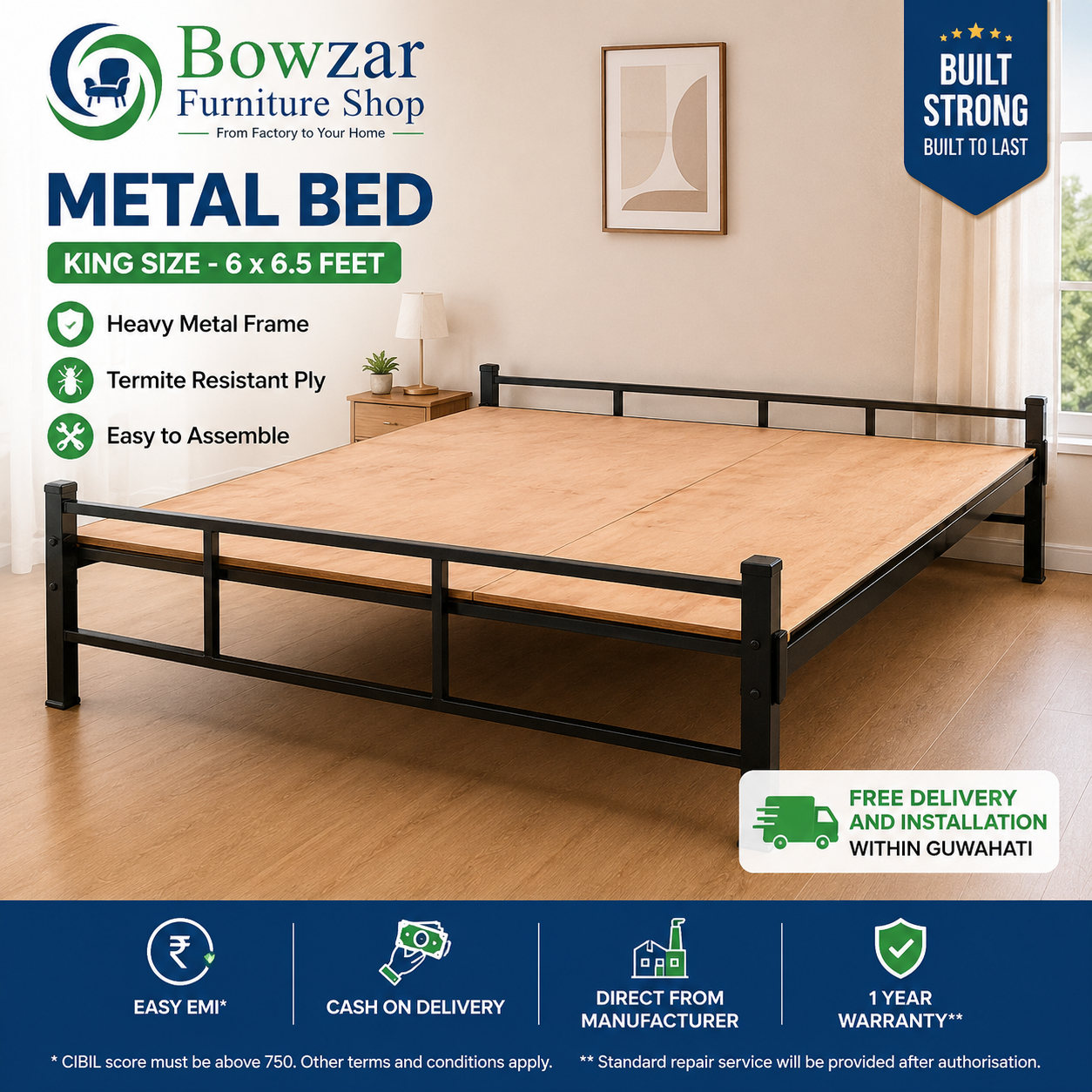 Bowzar Khatiya King Bed Size 6X6.5 Feet Simple Minimalistic Metal Khatiya Model Bed