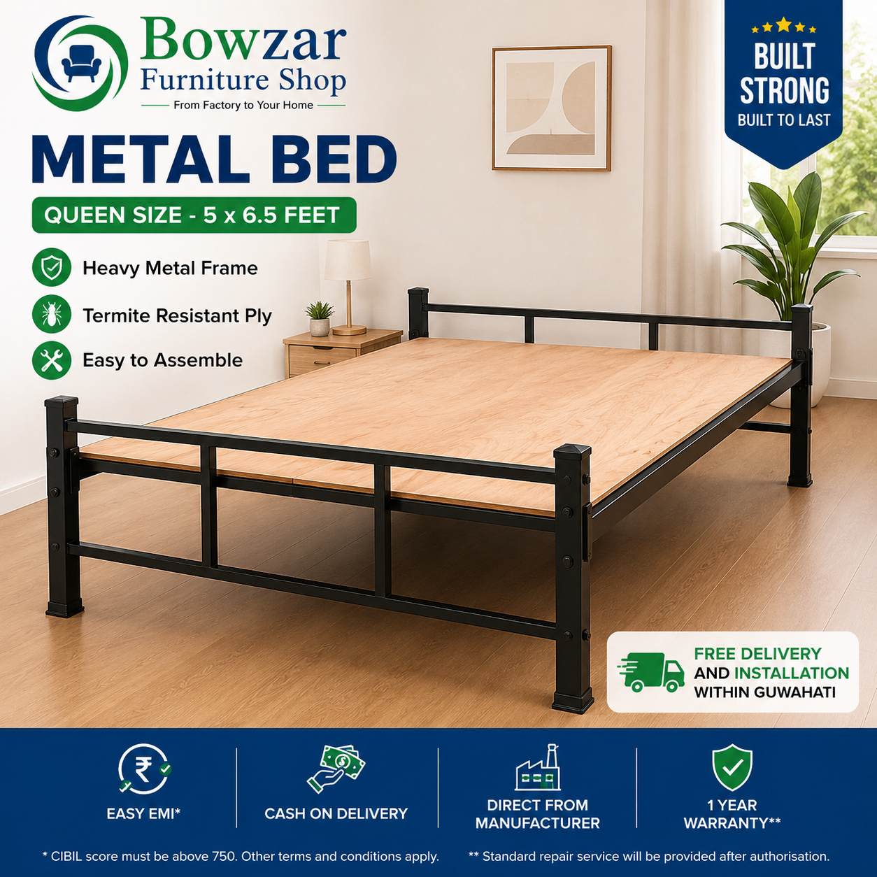 Bowzar Khatiya Queen Bed 5X6.5 Feet Simple Minimalistic Metal Khatiya Model  Bed